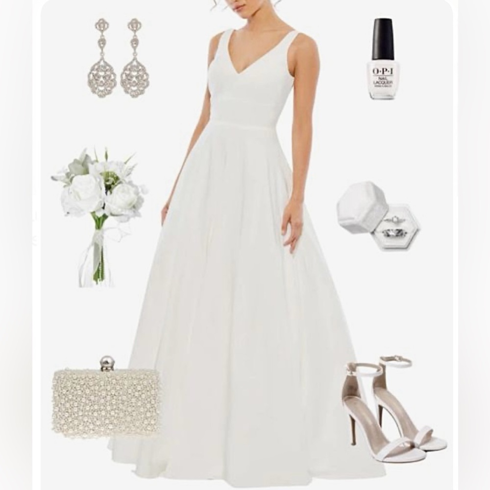 Mac Duggal White A-Line Gown With Pockets  Size 6 Sleeveless V-Neck Bridal Gown - Picture 4 of 12